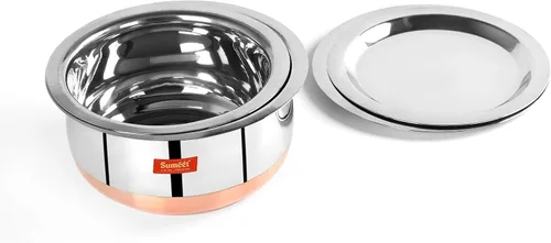 Vista 7 de Sumeet Forma de vientre inferior de cobre de acero inoxidable 2 piezas Tope/Cookware/Pot Set con tapa 1.4Ltr, 1.75Ltr (Plata)