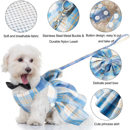 Vista 3 de Potchen Juego de 4 piezas de bonito vestido a cuadros para perro con arnés de lazo y correa para perros pequeños, ropa de cachorro para niñas