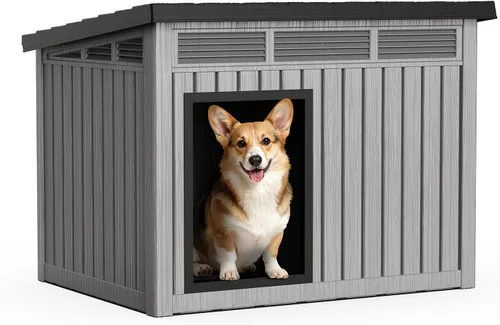 Vista 10 de PatioZen Casa para perros para interiores y exteriores, casa duradera con casa para mascotas resistente a la intemperie para perros pequeños Negro