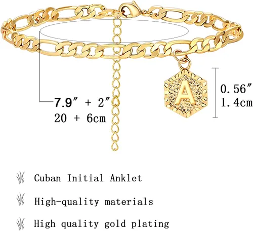 Vista 6 de Tobillera larga tiantiana con inicial para mujer, tobillera cubana, con letra del alfabeto dorado, tobillera para niñas, aleación, Adjustable, X