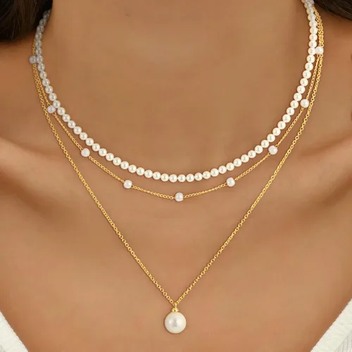 Vista 4 de Collares de perlas para mujer, a la moda, chapado en oro de 18 quilates, collar de perlas en capas, collar y aretes de perlas delicadas, pulseras