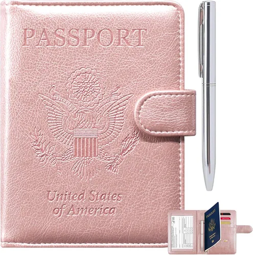 Vista 11 de RSAquar Soporte para pasaporte para mujeres y hombres, de piel sintética de alta calidad, cartera de pasaporte de viaje, con bloqueo RFID, cubierta