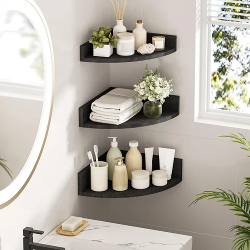 Vista 6 de Alsonerbay Estante esquinero negro para montaje en pared, juego de 3 estantes flotantes para almacenamiento y exhibición de pared, estantes