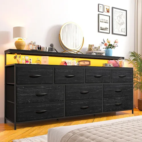 Vista 7 de EnHomee - Cómoda negra de 55 pulgadas de ancho para dormitorio con 10 cajones, LED y tomas de corriente Two Open Shelves for Easy Access, Large