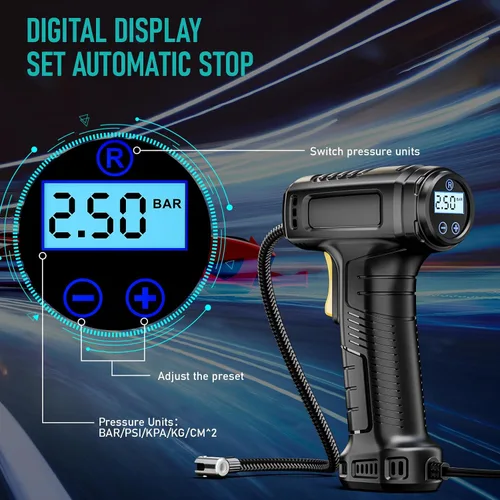 Vista 6 de Inflador de neumáticos, compresor de aire portátil, bomba automática de neumáticos de 150 PSI con linterna LED con manómetro digital
