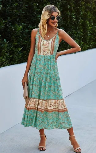 Vista 6 de Angashion - Vestido largo, diseño floral, ajustable con tirantes delgados, cuello en V, bohemio, para verano, playa, étnico y holgado, para mujer