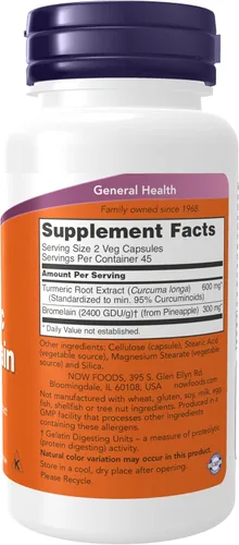 Vista 2 de NOW Suplementos, cúrcuma y bromelina (extracto de cúrcuma estandarizado) con bromelina 2400 GDU/g, 90 cápsulas vegetales