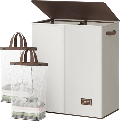 Vista 15 de SOLEDI Cesta de lavandería grande doble con tapa, cesta de ropa plegable de 2 secciones con bolsas extraíbles, cesta de lavandería que ahorra