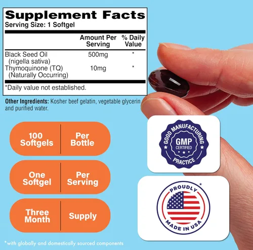 Vista 2 de Negro comino aceite de semillas 500 mg Primera prensado en frío – no-gmo, HTN0067, 1 High Potency Black Cumin Seed Supplement 3rd Party Tested