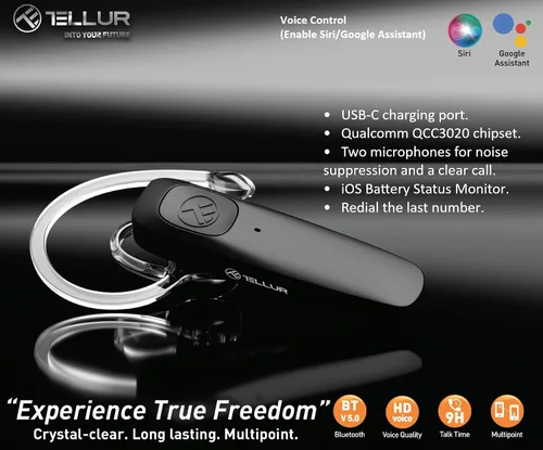 Vista 5 de TELLUR Auriculares Bluetooth VOX 155, auricular manos libres USB-C, multipunto dos dispositivos simultáneos, voz HD dos micrófonos para supresión