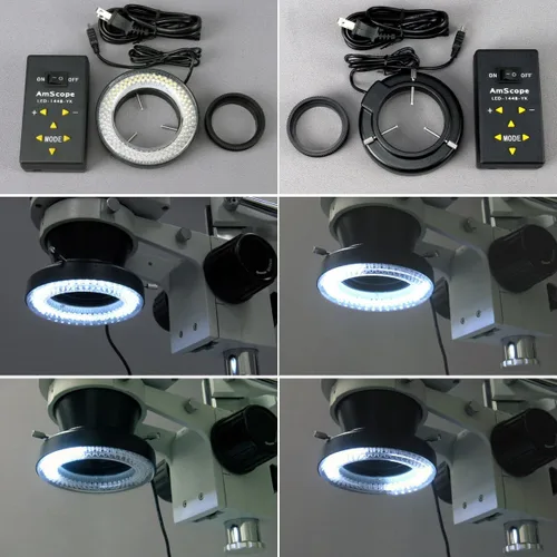 Vista 2 de AmScope Microscopio estéreo trinocular 3.5X-90X con luz de anillo de 4 zonas 144 LED + cámara de 5MP