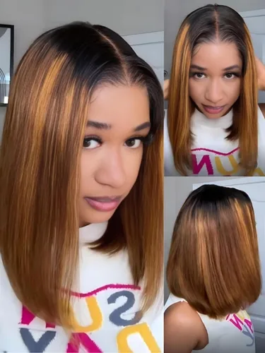 Vista 37 de Nadula Peluca de cabello humano con encaje frontal de 6 x 4 pulgadas, con cordón de longitud de barbilla, corte romo, peluca recta estilo Bob 1b