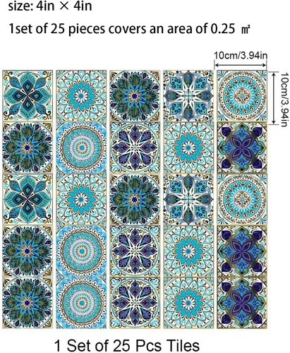 Vista 3 de 25 calcomanías de azulejos estilo mandala, murales tradicionales de bricolaje de 4 x 4 pulgadas, azulejos impermeables a prueba de aceite, Mtl-01