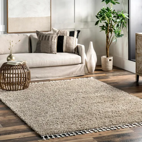 Vista 14 de NULOOM Neva Alfombra de Área Shag Moderna con Borlas, 8' Cuadrada, Beige Neva Beige