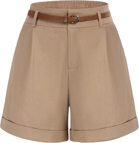 Vista 16 de Belle Poque Bermudas para mujer, cintura elástica, pantalones cortos de pierna ancha con bolsillos y cinturones Negro
