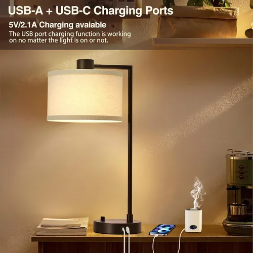 Vista 7 de Luvkczc Lámpara de Mesa para Dormitorio Juego de 2 con Puertos USB C+A - Lámpara de Noche Totalmente Regulable Sin Escalones con Pantalla de Lino