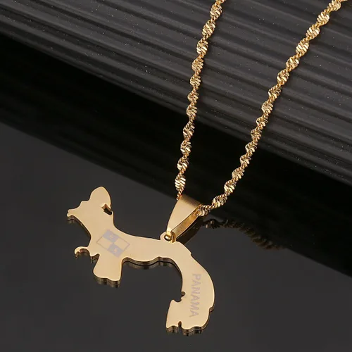 Vista 4 de Collares con colgante de mapa de Panamá de acero inoxidable, regalos de joyería de mapas panameños