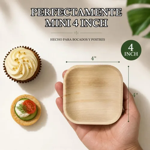 Vista 2 de Platos cuadrados desechables de 10 cm de Charity Leaf con forma de hoja de palma (50 piezas) Bandejas de servir tipo bambú, tablas desechables