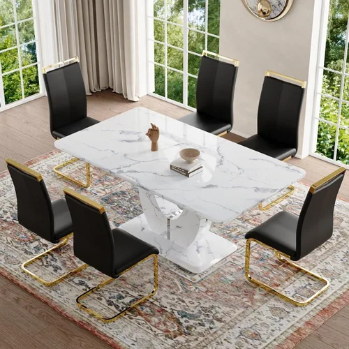 Vista 97 de JUFU Juego de mesa de comedor moderno para 4, juego de mesa de cocina rectangular de 63 pulgadas con mesa de mármol sintético y 4 sillas tapizadas