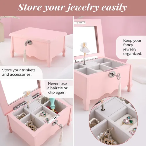 Vista 5 de Joyero musical de bailarina de pies grandes con espejo y cerradura para niñas, caja de almacenamiento de joyas rosa para niños, organizador de joyas