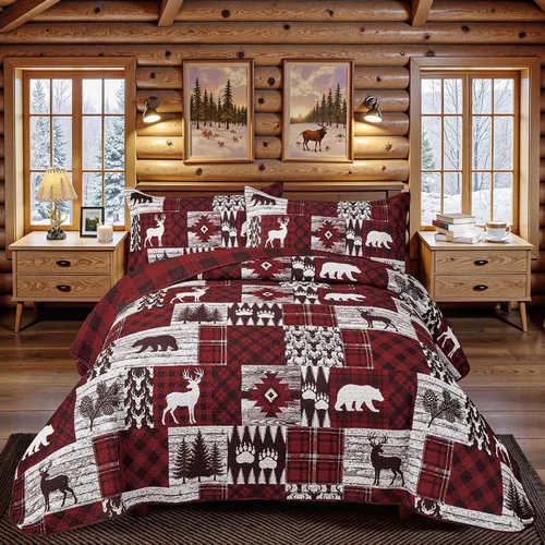 Vista 14 de Juego de 3 piezas de colcha tamaño King para cabaña, reversible, navideño, rústico, de microfibra, suave, ligera, de granja, con 2 fundas de 2-Oso