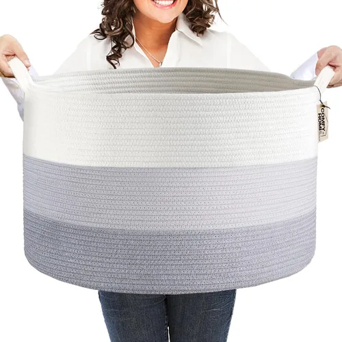 Vista 8 de COMFY-HOMI - Cesta de lavandería XXL grande con asas, cesta de manta, cesta decorativa de cuerda de algodón para la sala de estar, cesta