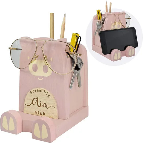 Vista 10 de I'm - Soporte multiusos de madera para lentes, teléfono, pluma y lápiz, accesorios de escritorio, decoración de escritorio, hogar, oficina Oso