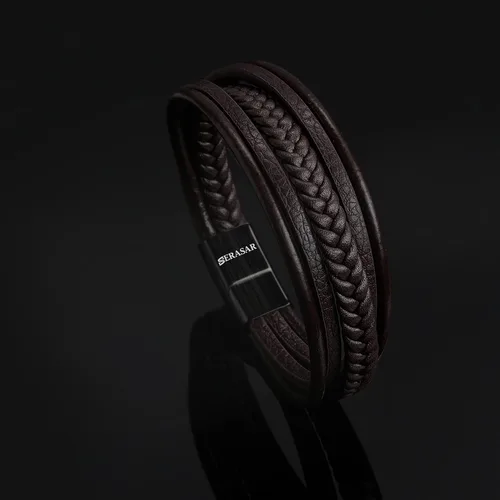 Vista 8 de SERASAR Men's Leather Bracelet [Braid], Black & Brown, Various Lengths Marrón