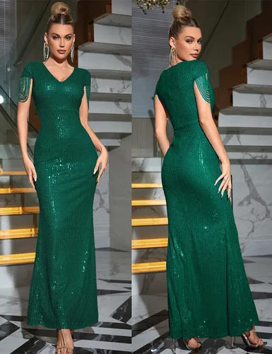 Vista 3 de Vestido de noche formal con lentejuelas y cuello en V para mujer, vestido largo de sirena de los años 20, vestido largo de fiesta maxi militar