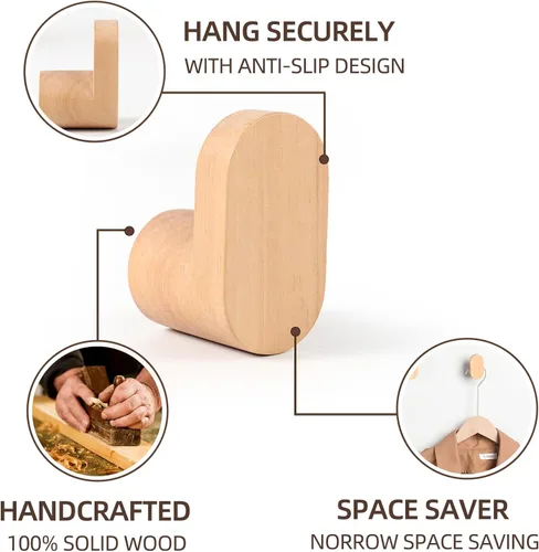 Vista 5 de Ganchos de pared de madera, paquete de 2 ganchos de madera modernos minimalistas montados en la pared, perchero de pared de abrigo de madera
