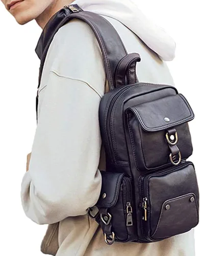 Vista 7 de QICHUANG - Bolso bandolera de piel sintética para hombre, bolso cruzado casual para viajes, senderismo, regalo para hombres
