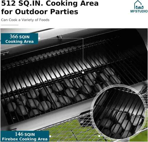 Vista 2 de MFSTUDIO Parrilla ahumadora de madera de carbón resistente para exteriores, parrilla de carbón con ahumador combinado para asar a la barbacoa, 512