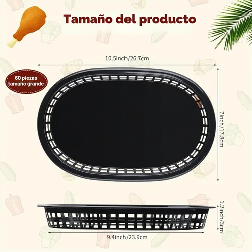 Vista 2 de Potchen 60 cestas de comida rápida para servir 10.5 x 7 pulgadas, cesta de plástico ovalada retro, bandeja de servicio de alimentos para Negro