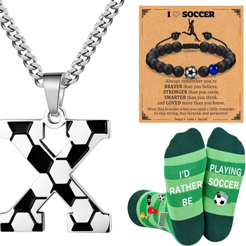 Vista 24 de Soccer Gifts Set A-Z Letter Soccer Necklace for Men Novelty Soccer Socks&Soccer Bracelets for Soccer Lovers