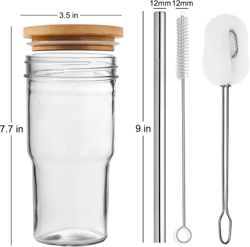 Vista 2 de ALINK Paquete de 2 vasos de vidrio con tapas y pajitas de bambú, vaso de vidrio Mason de 22 onzas, tazas Boba reutilizables, vasos de café helado