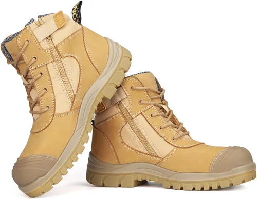 Vista 2 de Botas de trabajo para hombre, piel nobuck con puntera de acero, cremallera YKK, 6 pulgadas, SD, antipinchazos (AT501, trigo)