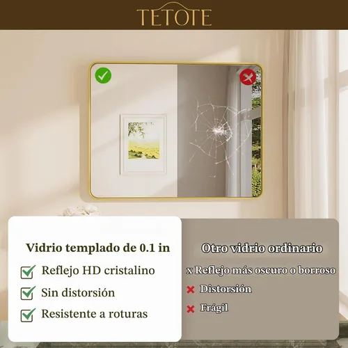 Vista 4 de TETOTE Espejo de marco dorado cepillado de 16 x 24 pulgadas, espejo de tocador de baño de latón dorado para pared, espejo enmarcado rectangular