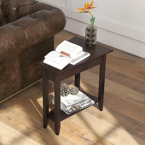 Vista 2 de GOFLAME Mesa auxiliar de cuña de 2 niveles, mesa auxiliar triangular estrecha con estante de almacenamiento, patas de madera maciza, mesita