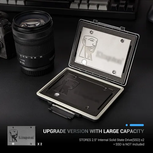 Vista 4 de Funda de disco duro de 2 ranuras para SSD de 2.5 pulgadas, caja de protección de almacenamiento de disco duro de estado sólido, resistente al agua