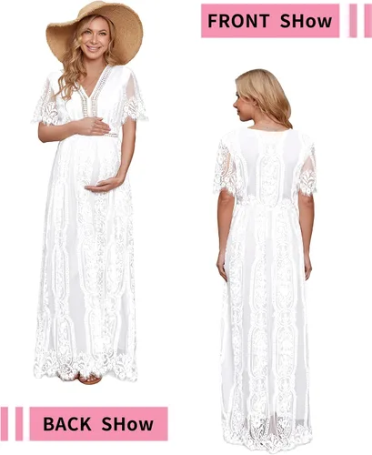Vista 5 de Vestido de maternidad de encaje con cuello en V para sesión de fotos, baby shower, boda, verano, encaje floral, vestidos de embarazo bohemios
