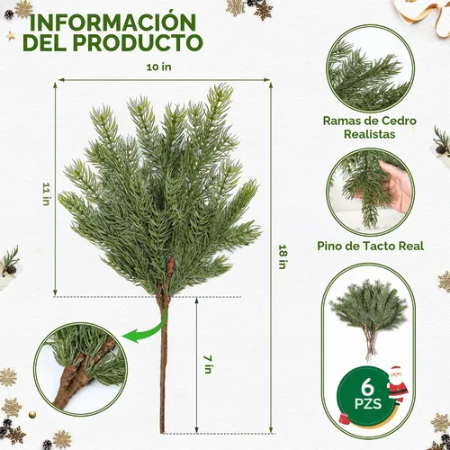 Vista 2 de Artgar 6 ramas de pino de Navidad – Tallos de pino artificiales realistas de 18 pulgadas – Púas de cedro sintético de tacto real para jarrón, corona