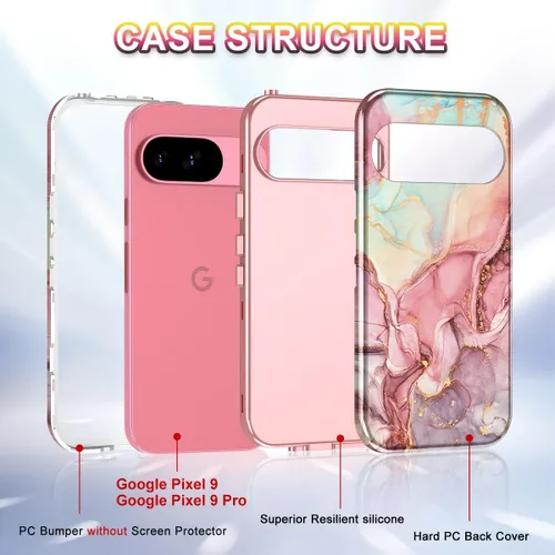 Vista 2 de Btscase Funda para Google Pixel 9 Pro 2024 [grado militar a prueba de golpes] elegante patrón de mármol delgado protector 3 capas de policarbonato