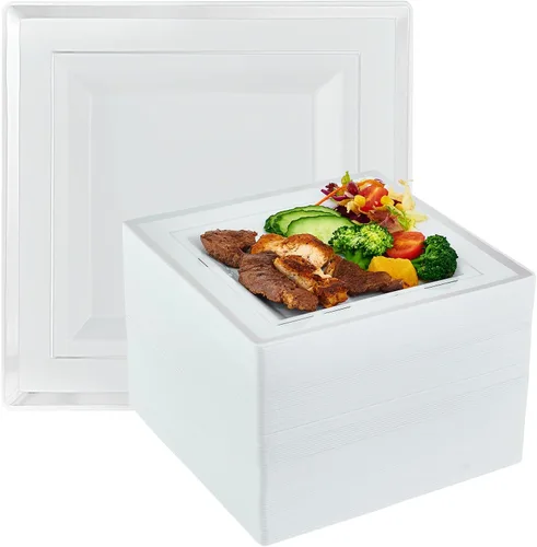 Vista 9 de Vplus 100 piezas de platos de plástico dorados de 10 pulgadas desechables, platos de plástico resistentes blancos elegantes y duraderos con borde