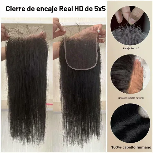Vista 2 de KRN 5x5 HD Cierre de encaje, 0.1mm Ultra-delgado Invisible Cierre de encaje HD Pequeño Nudo Único Pre-arrancado con Cabello de Bebé 12A Grado
