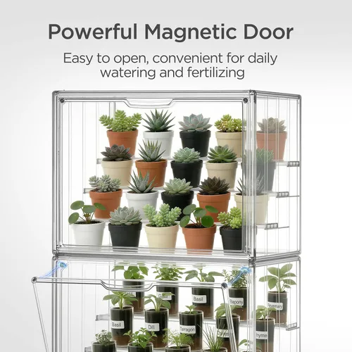 Vista 6 de HBlife Mini invernadero para interiores, casa verde apilable transparente con puerta magnética y separadores de drenaje ajustables, invernadero