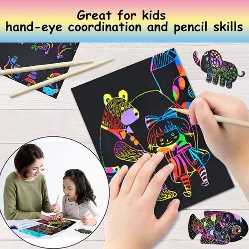 Vista 3 de Arte de papel para rascar para niños, juego de 100 piezas de arte de papel mágico arcoíris para rascar negro, arte y manualidades para niños de 3 a