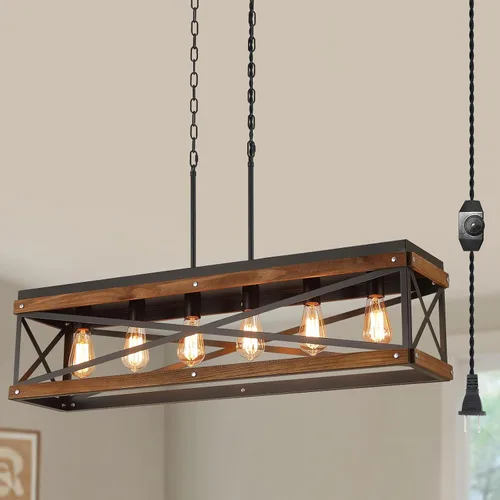 Vista 10 de Lámpara Colgante Rústica de Granja con Enchufe con Cadena Ajustable, Interruptor Regulable, Jaula de Tambor de Madera de Roble y Metal, Mini Lámpara