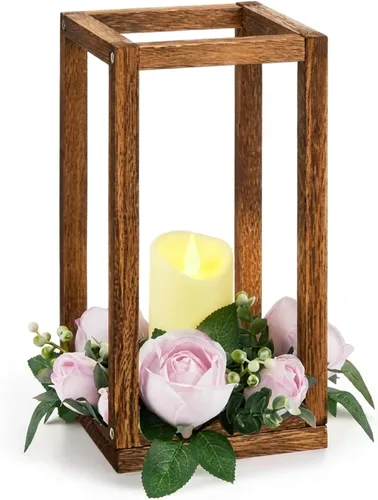 Vista 8 de Sabary 30 linternas de eucalipto para boda, centro de mesa, incluye portavelas de madera, sin pilas, velas, coronas de rosas para decoración de mesa