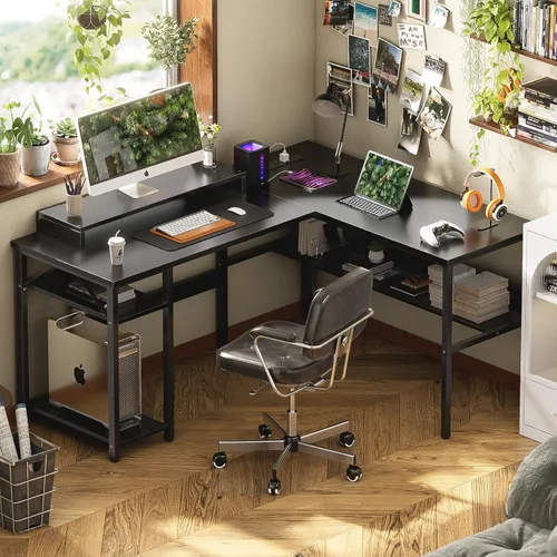 Vista 2 de Unikito Escritorio reversible en forma de L con tomas de corriente mágicas y luz LED inteligente, escritorio de esquina para computadora robusto