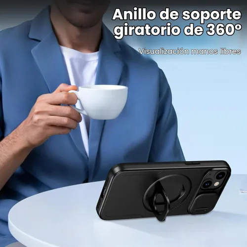 Vista 6 de VEGO - Funda para iPhone 13 con funda para cámara [compatible con MagSafe], color negro Funda para iPhone 14 incorporada con soporte de 360°